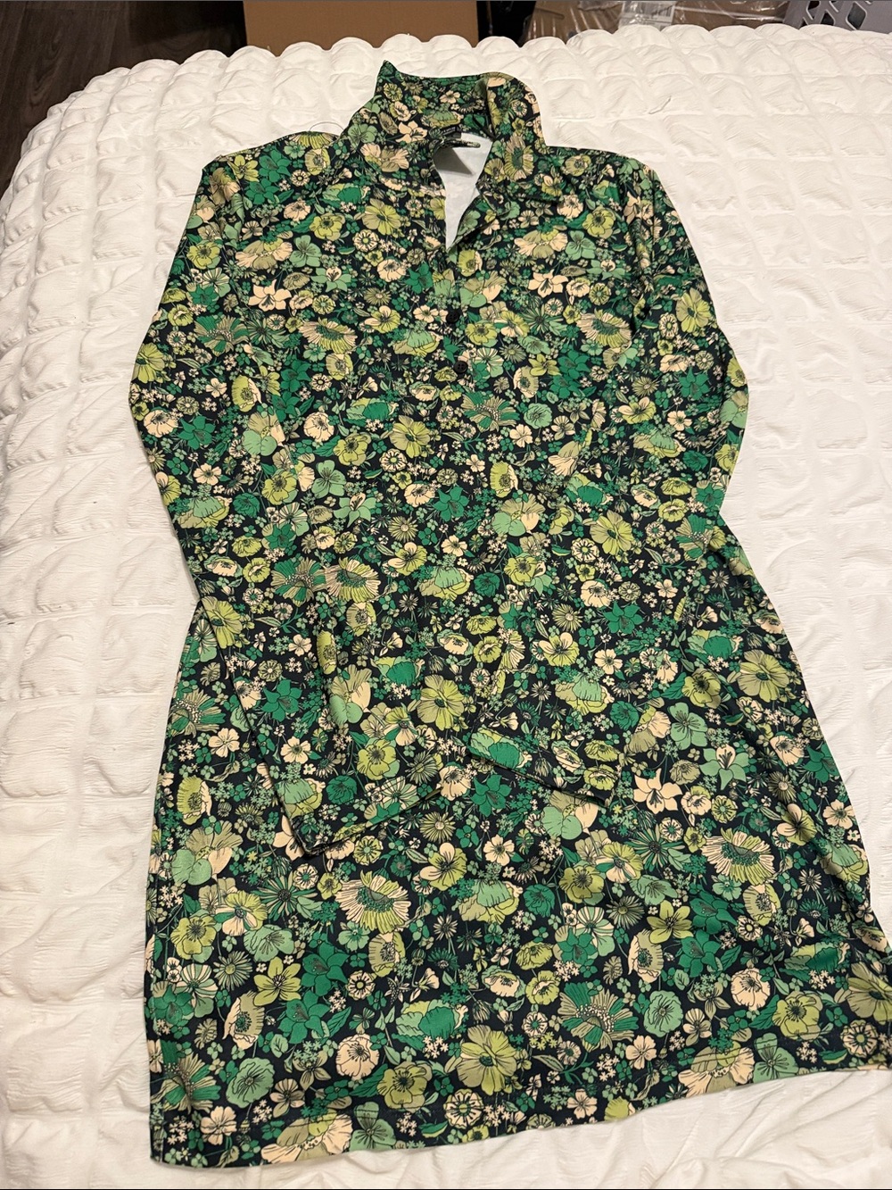 Zara Green Floral Long Sleeve Dress with Cream Accents